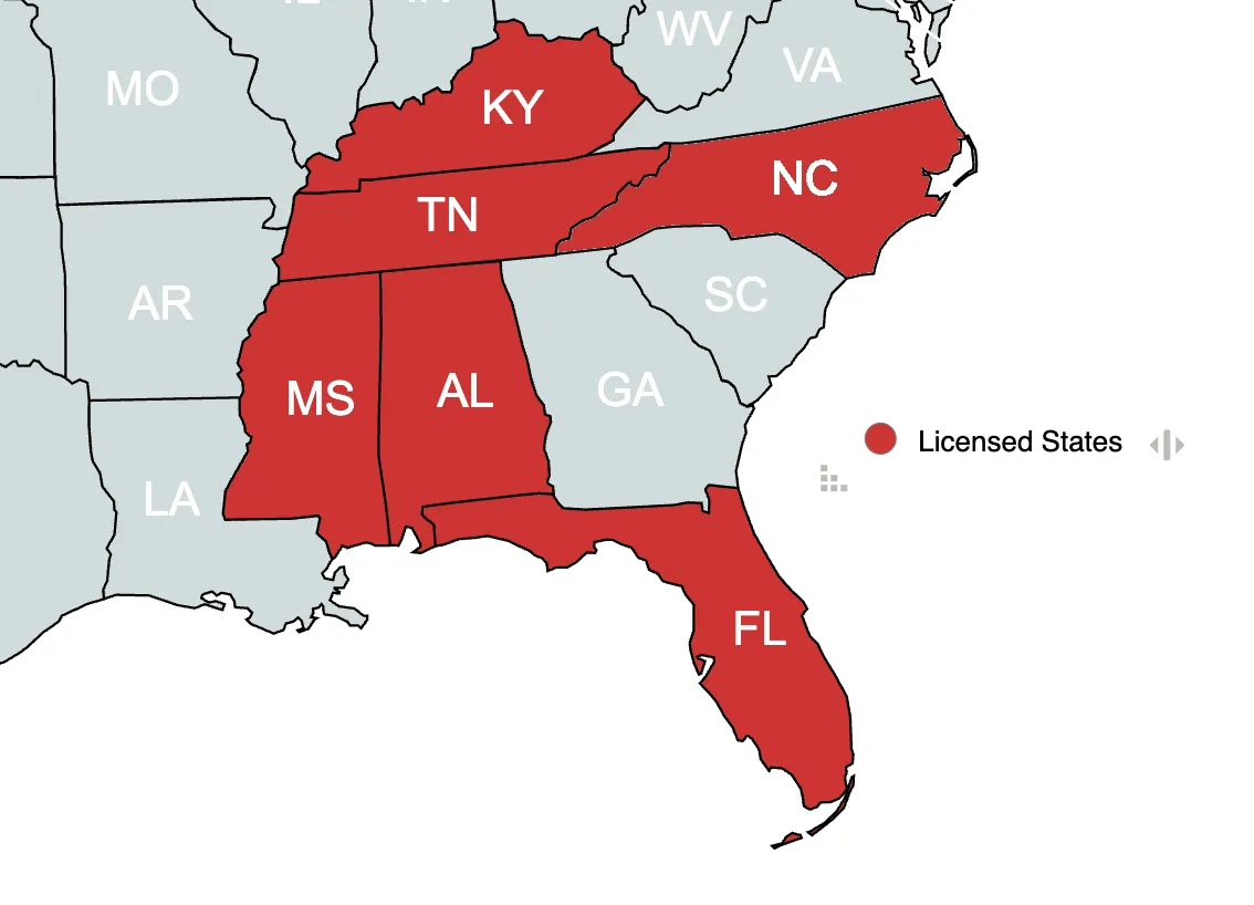 Map showing Beraldi Insurance licensed states: Kentucky, Tennessee, Mississippi, Alabama, Florida, and North Carolina